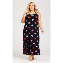 Women's Plus Size Heart Print Maxi Sleep Dress - Black | AVENUE -Cozy Nights Sales Store GUEST 00435277 daf1 4172 836c 59f53a436bc1