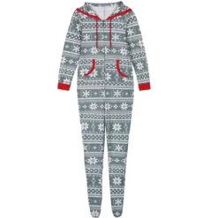 Cheibear Christmas Family One Piece Romper PJ's Zipper Jumpsuit Xmas Party Loungewear With Pockets