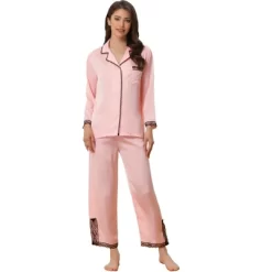 Cheibear Women's Satin Lace Long Sleeve Button-Down Shirt With Pants Pajama Sets 2 Pcs -Cozy Nights Sales Store GUEST 02ce2cc3 b763 4640 ac3d 2ebc71305e88