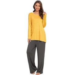Cheibear Womens Pajama Set Soft Modal Contrast Color Long Sleeve Shirt And Pants Sleepwear 2pcs