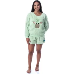 Star Wars Womens' The Mandalorian The Child Sweater And Short Pajama Set Green