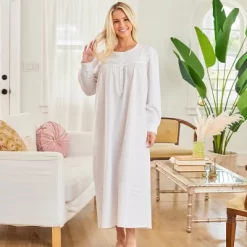 Women's Cotton Victorian Nightgown With Pockets, Emily Long Sleeve Lace Trimmed Button Up Long Vintage Night Dress Gown