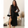Cheibear Women's Satin Robe Feather Trim Bridesmaid Bathrobe Mesh Long Sleeve Bridal Party Sleepwear