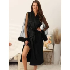 Cheibear Women's Satin Robe Feather Trim Bridesmaid Bathrobe Mesh Long Sleeve Bridal Party Sleepwear