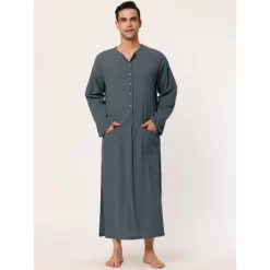 Lars Amadeus Men's Night Sleep Cotton Side Split Long Gown With Pockets