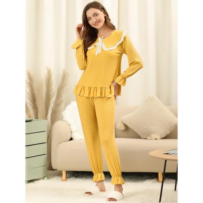 Allegra K Women's Sleepwear Lounge Peter Pan Collar Long Sleeve Ruffle Pajama Set 1 Allegra K Women's Sleepwear Lounge Peter Pan Collar Long Sleeve Ruffle Pajama Set