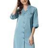 Cheibear Womens Satin Sleepshirt 3/4 Sleeve Nightgown Button Down Nightshirt