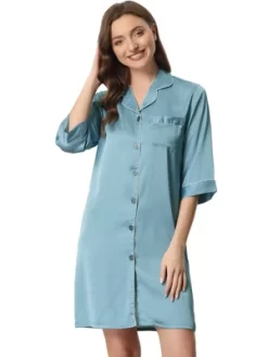 Cheibear Womens Satin Sleepshirt 3/4 Sleeve Nightgown Button Down Nightshirt