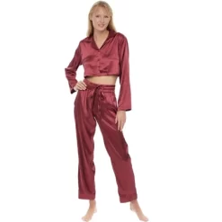 Women's Crop Top Satin Pajamas Lounge Set, Long Sleeve Top And Pants With Pockets, Silk Like PJs -Cozy Nights Sales Store GUEST 14fc89de d726 49cb 8eba a30c4a9ec090