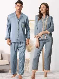 Cheibear Men's Sleepwear Long Sleeve Button Down Shirt Pants Matching Couple Pajama Sets