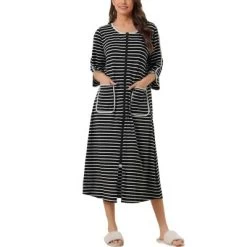 Cheibear Women's Zip Front Robe 3/4 Sleeve Striped Long Bathrobe Dress Pajama -Cozy Nights Sales Store GUEST 198ef42a 7426 4ab7 aadf 1a6c2b98b10c