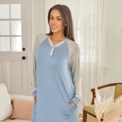 Women's Soft Knit Nightgown, Full Length Long Henley Night Shirt Pajama Top With Pockets