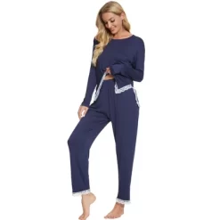 Cheibear Womens Sleepwear Soft Lace Trim Knit Stretch Long Sleeve Shirt And Pants 2pcs Pajama Set