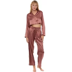 Women's Crop Top Satin Pajamas Lounge Set, Long Sleeve Top And Pants With Pockets, Silk Like PJs -Cozy Nights Sales Store GUEST 29465b82 4b96 43a7 82eb 45c6f2518116