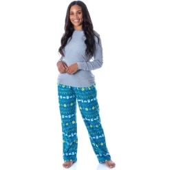Disney Womens' Monsters Inc Sulley And Mike Ugly Sweater Pajama Pants Turquoise