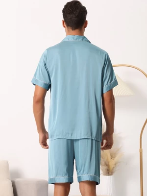 Cheibear Men Satin Button Down Pajama Sets Short Sleeve Shirt And Shorts Sleepwear 3 Cheibear Men Satin Button Down Pajama Sets Short Sleeve Shirt And Shorts Sleepwear - Image 3