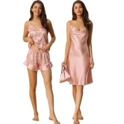 Cheibear Women's Matching Satin Nigthgown And Cami Shorts Pajama Sets 3 Pcs -Cozy Nights Sales Store GUEST 3207abfb 5a6a 4f88 9add 14fc1e03052d