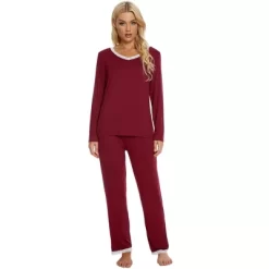 Cheibear Womens Lounge Sets V Neck Lace Nightwear With Pants Loungewear Pajamas