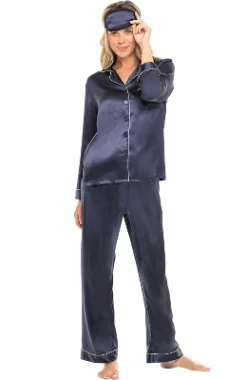 Women's Classic Satin Pajamas Lounge Set, Long Sleeve Top And Pants With Pockets, Silk Like PJs With Matching Sleep Mask -Cozy Nights Sales Store GUEST 34bac9e1 724a 4223 b89f 20720323fef0