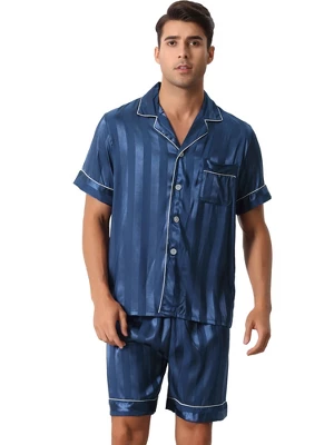 Cheibear Men Satin Button Down Striped Short Sleeve And Shorts Pajama Set 6 Cheibear Men Satin Button Down Striped Short Sleeve And Shorts Pajama Set - Image 6