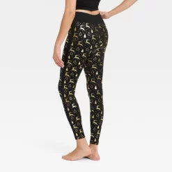 Women's Foil Print Reindeer Seamless Fleece Lined Leggings - Wondershop™ Black/Gold
