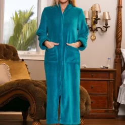 Women's Zip Up Fleece Robe, Soft Warm Plush Zipper Bathrobe