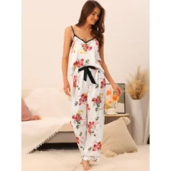 Cheibear Women's Floral 2 Pieces Pajama Sets Satin Lace Cami Long Pants Sleep Set Loungewear