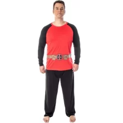 Marvel Men's Deadpool Superhero Costume Raglan Top And Pants Pajama Set Deadpool