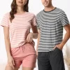 Cheibear Men's Sleepwear Short Sleeve T-Shirt With Shorts Stripe Couple Pajama Sets