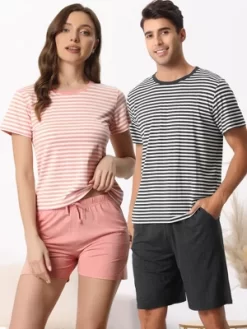 Cheibear Men's Sleepwear Short Sleeve T-Shirt With Shorts Stripe Couple Pajama Sets