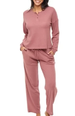 Women's Soft Ribbed Waffle Rib Knit Henley Pajamas Lounge Set, Lounge Sleeve Top And Pants With Pockets, Drawstring -Cozy Nights Sales Store GUEST 4170c042 17f5 4578 a4f4 0b96a8b3cf47