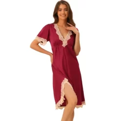 Cheibear Womens Satin Lace Trim V-Neck Lingerie Short Sleeves Silky Nightgowns -Cozy Nights Sales Store GUEST 471fd14c f6bb 4c93 9b35 e419647501b2