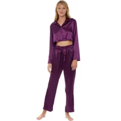Women's Crop Top Satin Pajamas Lounge Set, Long Sleeve Top And Pants With Pockets, Silk Like PJs -Cozy Nights Sales Store GUEST 48eef33a 3b46 40c1 8e95 cd2d82c3a2d7
