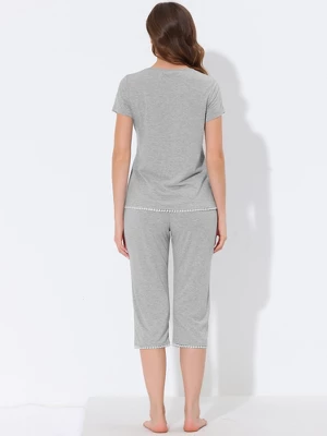 Cheibear Womens Sleepwear Pajama Set Nightwear Round Neck Loungewear With Capri Pants 2 Cheibear Womens Sleepwear Pajama Set Nightwear Round Neck Loungewear With Capri Pants - Image 2