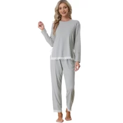 Cheibear Womens Sleepwear Soft Lace Trim Knit Stretch Long Sleeve Shirt And Pants 2pcs Pajama Set -Cozy Nights Sales Store GUEST 54459670 8783 4b78 aca9 d6c079376461