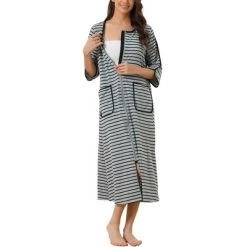 Cheibear Women's Zip Front Robe 3/4 Sleeve Striped Long Bathrobe Dress Pajama -Cozy Nights Sales Store GUEST 5685eb54 412a 458c 8b6d ad0271814b50