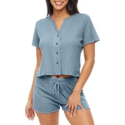 Women's Soft Ribbed Waffle Rib Knit Pajamas Lounge Set, Short Sleeve Button Up Top And Pajama Shorts -Cozy Nights Sales Store GUEST 5cca2ba6 c9c3 4108 8db1 2b8ca115a56a