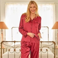 Women's Classic Satin Pajamas Lounge Set, Long Sleeve Top And Pants With Pockets, Silk Like PJs With Matching Sleep Mask