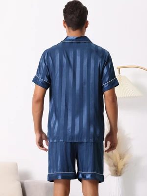 Cheibear Men Satin Button Down Striped Short Sleeve And Shorts Pajama Set 3 Cheibear Men Satin Button Down Striped Short Sleeve And Shorts Pajama Set - Image 3