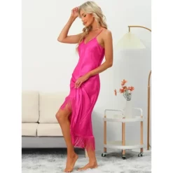 Cheibear Women's Satin Nightgown Lounge Sleepwear Cami Dress With Tassel Pajama Dress