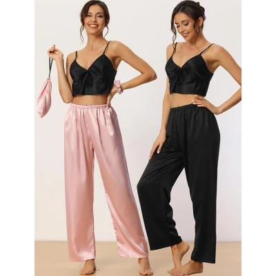 Cheibear Women's Wide-leg Elastic Waist Long Pants 2 Pieces Sleep Pants Set 1 Cheibear Women's Wide-leg Elastic Waist Long Pants 2 Pieces Sleep Pants Set