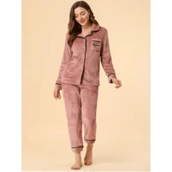 Allegra K Women's Flannel Button Down Lounge Winter Long Sleeves Pajama Sets