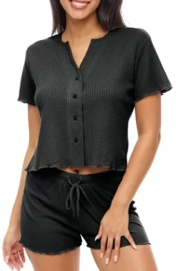 Women's Soft Ribbed Waffle Rib Knit Pajamas Lounge Set, Short Sleeve Button Up Top And Pajama Shorts -Cozy Nights Sales Store GUEST 6826254b 6ff6 4afe beb2 8d93efab532c