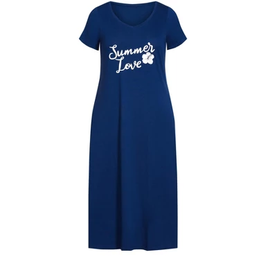 Women's Plus Size Summer Love Short Sleeve Sleep Maxi Dress - Deep Blue | AVENUE 2 Women's Plus Size Summer Love Short Sleeve Sleep Maxi Dress - Deep Blue | AVENUE - Image 2