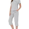 Cheibear Womens Sleepwear Pajama Set Round Neck Nightwear Lounge Pjs With Capri Pants
