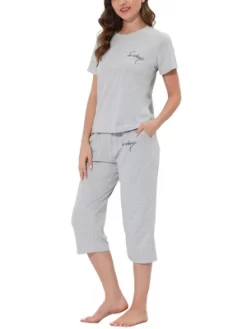 Cheibear Womens Sleepwear Pajama Set Round Neck Nightwear Lounge Pjs With Capri Pants
