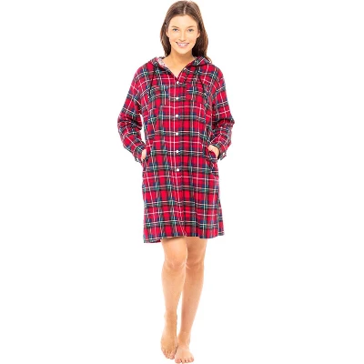 Women's Soft Warm Flannel Sleep Shirt With Hood, Button Down Pajama Top 1 Women's Soft Warm Flannel Sleep Shirt With Hood, Button Down Pajama Top
