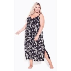Women's Plus Size Lace Trim Mono Floral Maxi Sleep Dress - Black | AVENUE -Cozy Nights Sales Store GUEST 72ef0f44 205c 47db 8102 f7a7838c0f58
