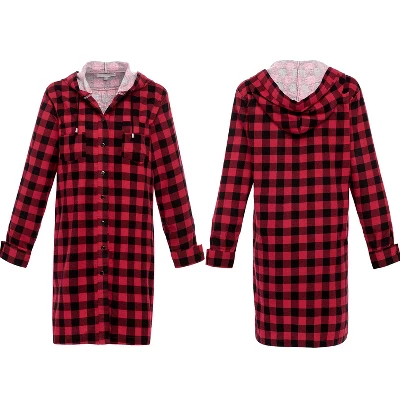 Women's Soft Warm Flannel Sleep Shirt With Hood, Button Down Pajama Top 3 Women's Soft Warm Flannel Sleep Shirt With Hood, Button Down Pajama Top - Image 3