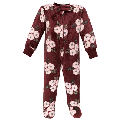 Hudson Baby Infant Girl Plush Sleep And Play, Burgundy Floral 2 Hudson Baby Infant Girl Plush Sleep And Play, Burgundy Floral - Image 2